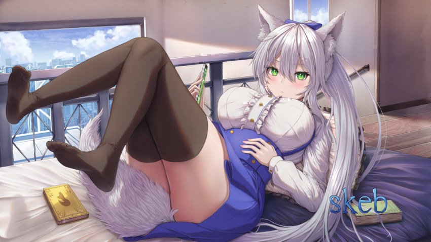 1girl animal_ears bed black_legwear blush book borrowed_character bow breasts buran_(22x) cellphone center_frills cityscape commission dress eyebrows_visible_through_hair feet fox_ears fox_tail frills full_body green_eyes grey_hair hair_between_eyes hair_bow highres indoors knees_together_feet_apart knees_up large_breasts legs_up long_hair long_sleeves looking_at_viewer lying no_shoes on_back original parted_lips phone pillow pink_nails ponytail sidelocks silver_hair skeb_commission slit_pupils smartphone soles tail taut_clothes taut_dress thick_thighs thigh-highs thighs toes tsurime underbust very_long_hair zettai_ryouiki