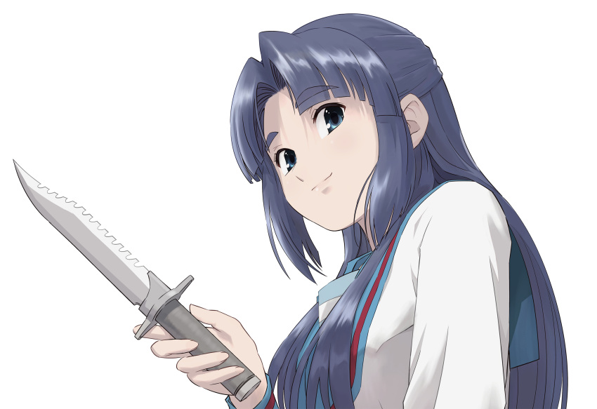 1girl asakura_ryouko bangs blue_eyes blue_hair blue_sailor_collar closed_mouth commentary_request eyebrows_visible_through_hair highres holding holding_knife ishiyuki00 kita_high_school_uniform knife long_hair long_sleeves looking_at_viewer parted_bangs sailor_collar school_uniform serafuku simple_background smile solo suzumiya_haruhi_no_yuuutsu upper_body white_background