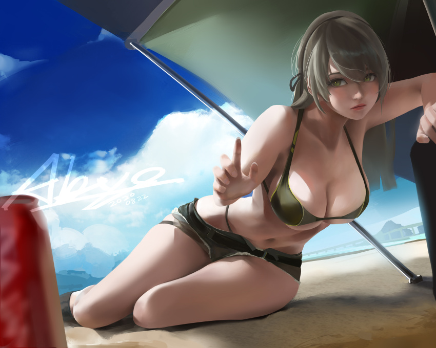 1girl absurdres abys alternate_costume bare_shoulders beach belt bikini black_belt breasts closed_mouth collarbone commentary_request dated day expressionless feet_out_of_frame girls_frontline green_bikini green_eyes green_shorts hair_between_eyes highres large_breasts lips long_hair looking_at_viewer lying ocean outdoors shorts sideboob signature solo swimsuit ump40_(girls'_frontline) under_boob