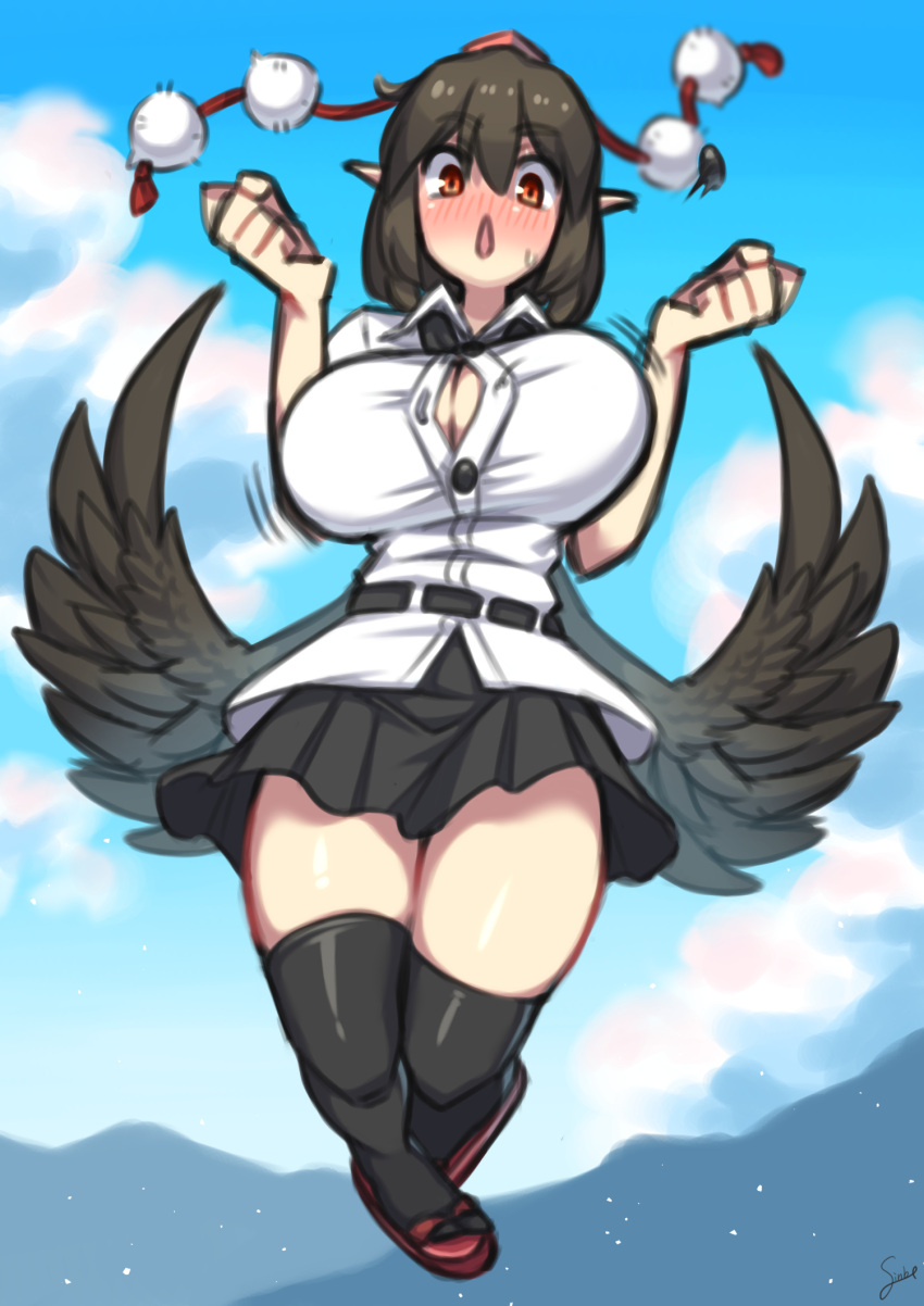 1girl black_legwear black_ribbon black_skirt black_wings bouncing_breasts breasts cleavage_cutout clothing_cutout coffeelove68 collared_shirt flying frilled_skirt frills geta hat highres kneehighs large_breasts pointy_ears pom_pom_(clothes) red_eyes red_footwear ribbon shameimaru_aya shirt skirt solo tengu-geta tokin_hat touhou white_shirt wings