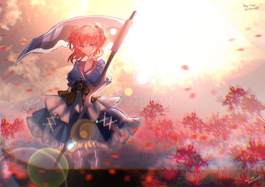 1girl backlighting bangs blue_dress boat breasts chromatic_aberration closed_mouth collarbone day dress eyebrows_visible_through_hair flower full_body hair_bobbles hair_ornament highres holding holding_scythe large_breasts light_smile looking_at_viewer medium_hair moenoki onozuka_komachi outdoors overexposure red_eyes red_flower redhead scythe solo spider_lily standing sun touhou two_side_up watercraft