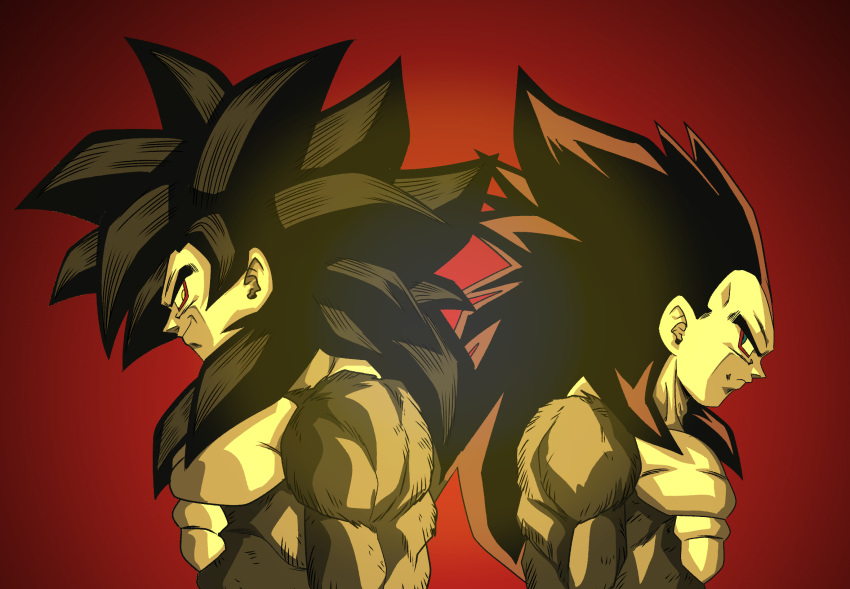 2boys aura black_hair body_fur dragon_ball dragon_ball_gt energy fenyon from_side glowing green_eyes highres long_hair monkey_boy monkey_tail multiple_boys muscular muscular_male no_nipples saiyan son_goku spiky_hair super_saiyan super_saiyan_4 tail topless topless_male vegeta yellow_eyes