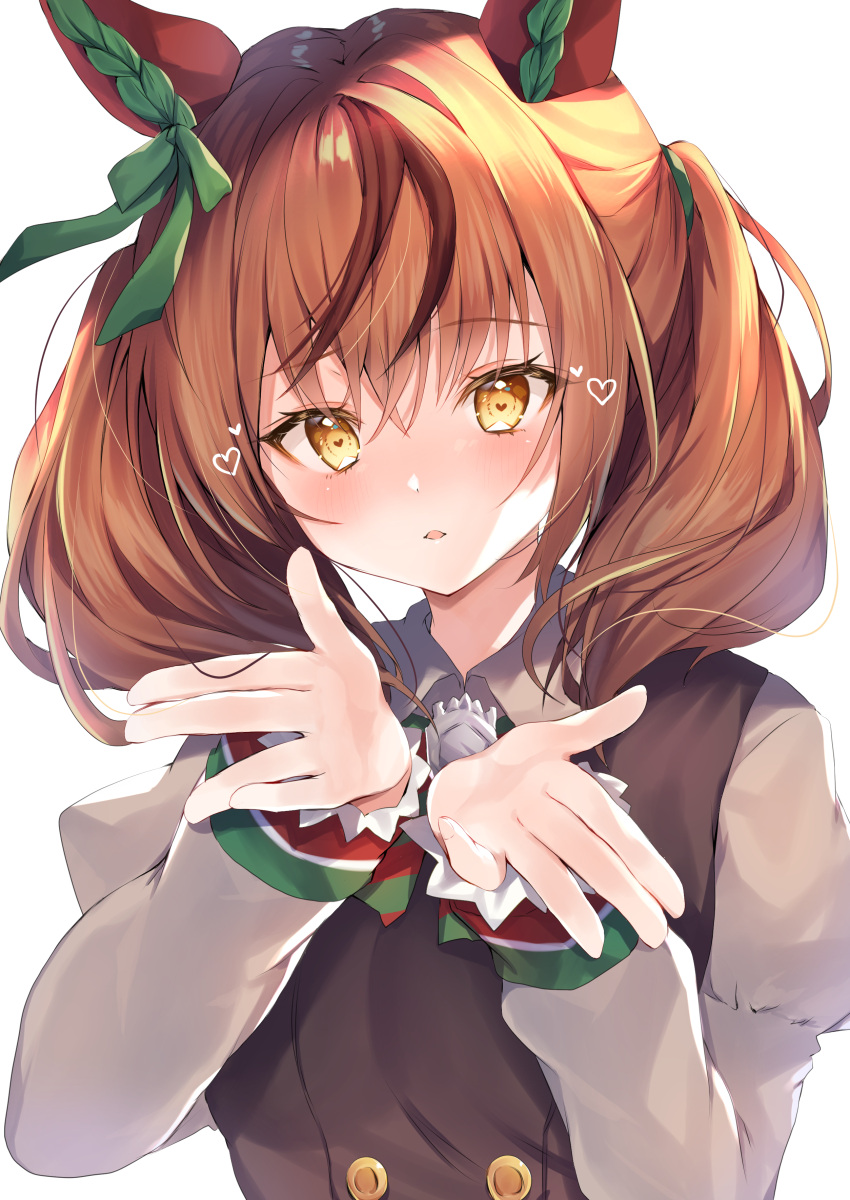 1girl absurdres animal_ears bangs black_dress blush bow brown_eyes brown_hair collared_shirt commentary_request dress ear_bow eyebrows_visible_through_hair green_bow grey_shirt hair_between_eyes hands_up heart heart-shaped_pupils highres horse_ears juliet_sleeves long_sleeves looking_at_viewer nenobi_(nenorium) nice_nature_(umamusume) parted_lips puffy_sleeves shirt simple_background sleeveless sleeveless_dress solo symbol-shaped_pupils twintails uma_pyoi_densetsu umamusume upper_body white_background
