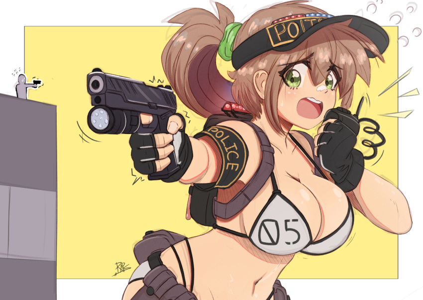 1boy 1girl armband backpack bag bikini black_gloves breasts brown_hair english_commentary fingerless_gloves giant giantess gloves green_eyes gun handgun holding holding_gun holding_weapon large_breasts long_hair navel open_mouth original pistol police police_uniform policewoman ponytail radio raps_(yohomeboyraps) size_difference swimsuit uniform visor_cap walkie-talkie weapon white_bikini