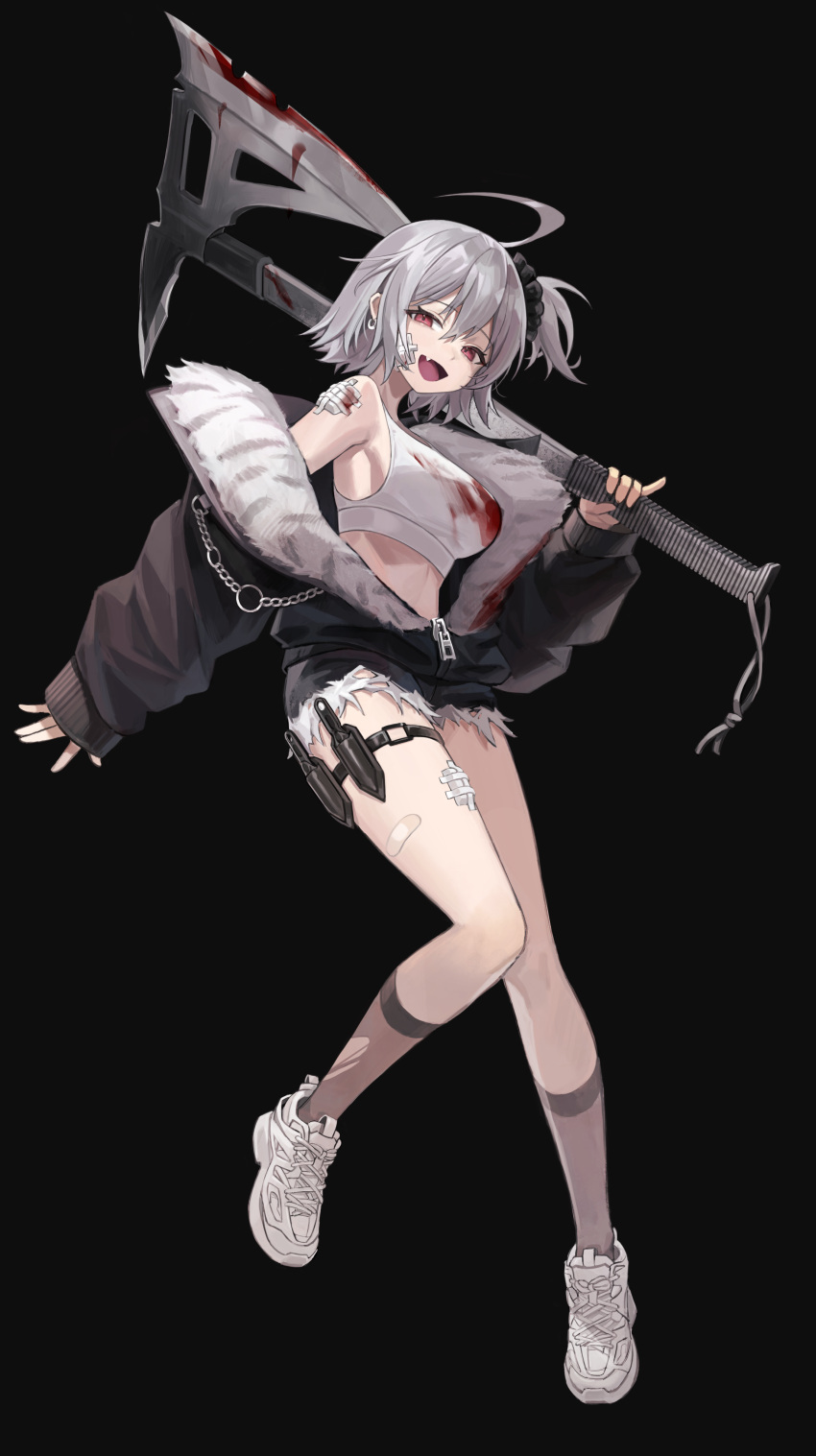 1girl :d absurdres ahoge armpits axe bandaged_arm bandages bare_shoulders black_background black_jacket black_shorts blood blood_on_clothes breasts crop_top cutoffs denim denim_shorts earrings fang fuwawa_(fuwawa617) grey_hair hair_ornament hair_scrunchie highres holding holding_axe jacket jewelry kneehighs large_breasts long_sleeves looking_at_viewer midriff off_shoulder one_side_up open_clothes open_jacket original red_eyes scrunchie shirt shoes short_hair short_shorts shorts simple_background sleeveless sleeveless_shirt smile sneakers solo thigh_strap thighs torn_clothes torn_legwear white_footwear white_shirt