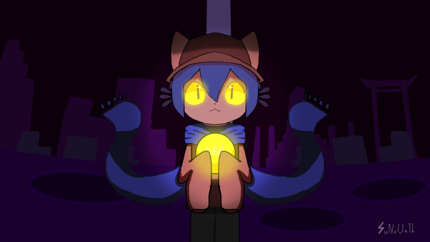 1other animal_ears animal_hat blue_hair blue_scarf brown_headwear brown_tunic cat_ears cat_hat colored_sclera hat highres light_bulb niko_(oneshot) non-web_source oneshot_(game) other_focus purple_background scarf solo sunsun_th1 yellow_eyes yellow_sclera