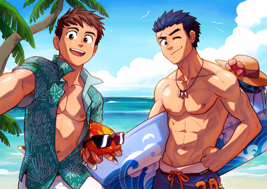 2boys abs artist_name beach biceps black_eyes blue_hair brown_eyes brown_hair clouds day fish glasses hand_on_hip hat highres jewelry long_sideburns looking_at_viewer male_focus mondoart1 multiple_boys muscular muscular_male navel necklace nipples ocean one_eye_closed open_clothes open_mouth open_shirt original palm_tree pectorals scar scar_on_face shirt short_hair shorts sideburns sky smile spiky_hair surfboard teenage thick_eyebrows topless topless_male tree younger