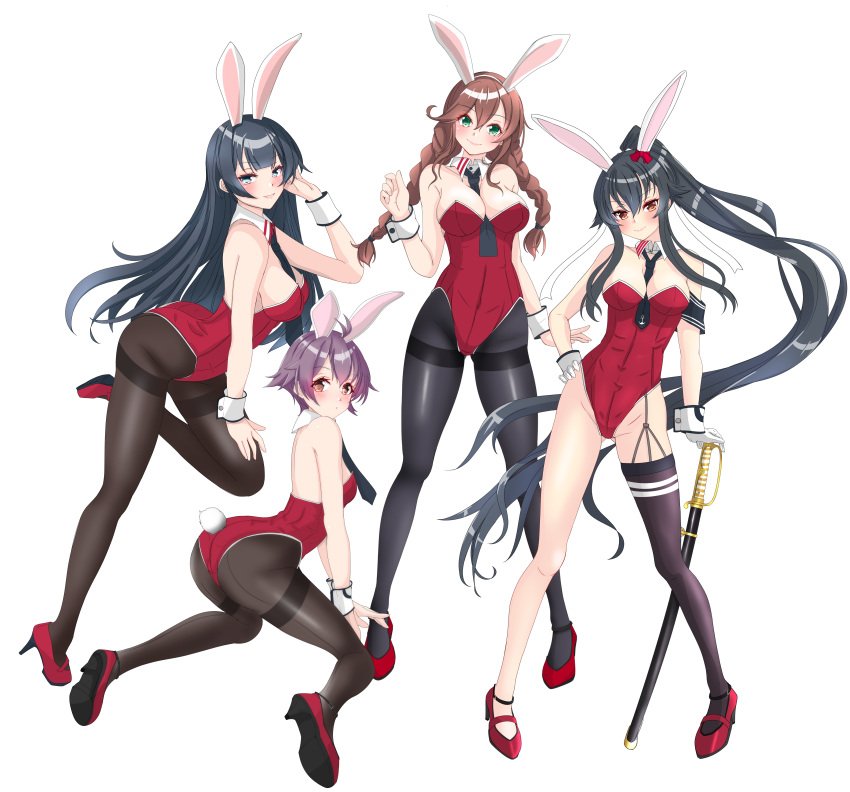 4girls absurdres agano_(kancolle) animal_ears ass asymmetrical_legwear bangs between_breasts black_hair black_legwear black_necktie blue_eyes braid breasts brown_hair detached_collar fake_animal_ears fake_tail garter_straps gloves green_eyes high_heels highres kantai_collection leotard long_hair medium_breasts multiple_girls necktie necktie_between_breasts nitamako_(sakamalh) noshiro_(kancolle) pantyhose playboy_bunny ponytail purple_hair red_eyes red_footwear sakawa_(kancolle) short_hair sidelocks single_thighhigh small_breasts strapless strapless_leotard swept_bangs tail thigh-highs thighband_pantyhose twin_braids uneven_legwear very_long_hair violet_eyes white_gloves wrist_cuffs yahagi_(kancolle)