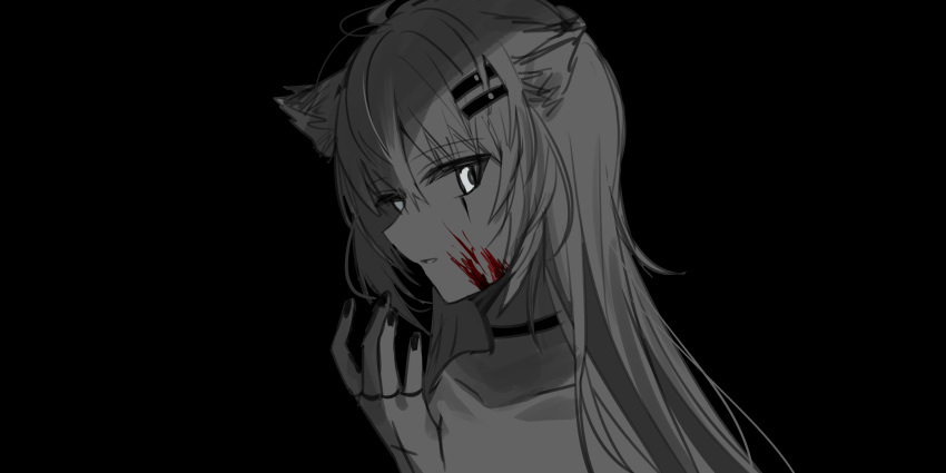 1girl absurdres animal_ear_fluff animal_ears arknights bangs black_background blood blood_on_face chihuri choker collarbone eyebrows_visible_through_hair fingerless_gloves gloves hair_between_eyes hair_ornament hairclip hand_up highres lappland_(arknights) long_hair monochrome nail_polish parted_lips scar scar_across_eye simple_background solo spot_color