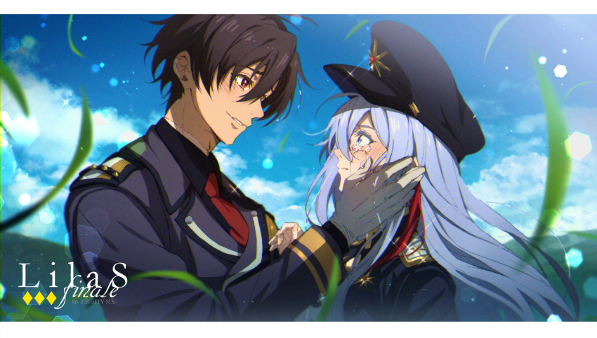 1boy 1girl 86_-eightysix- black_hair black_shirt blue_jacket blue_sky blurry blurry_foreground blush border brown_hair collared_shirt crying crying_with_eyes_open falling_leaves gloves hand_on_another's_cheek hand_on_another's_face hat high_collar highres jacket kagura_kurosaki leaf long_hair long_sleeves looking_at_another military military_hat military_uniform necktie outdoors red_eyes red_necktie shinei_nouzen shirt short_hair silver_hair sky smile tears uniform vladilena_millize white_border white_gloves