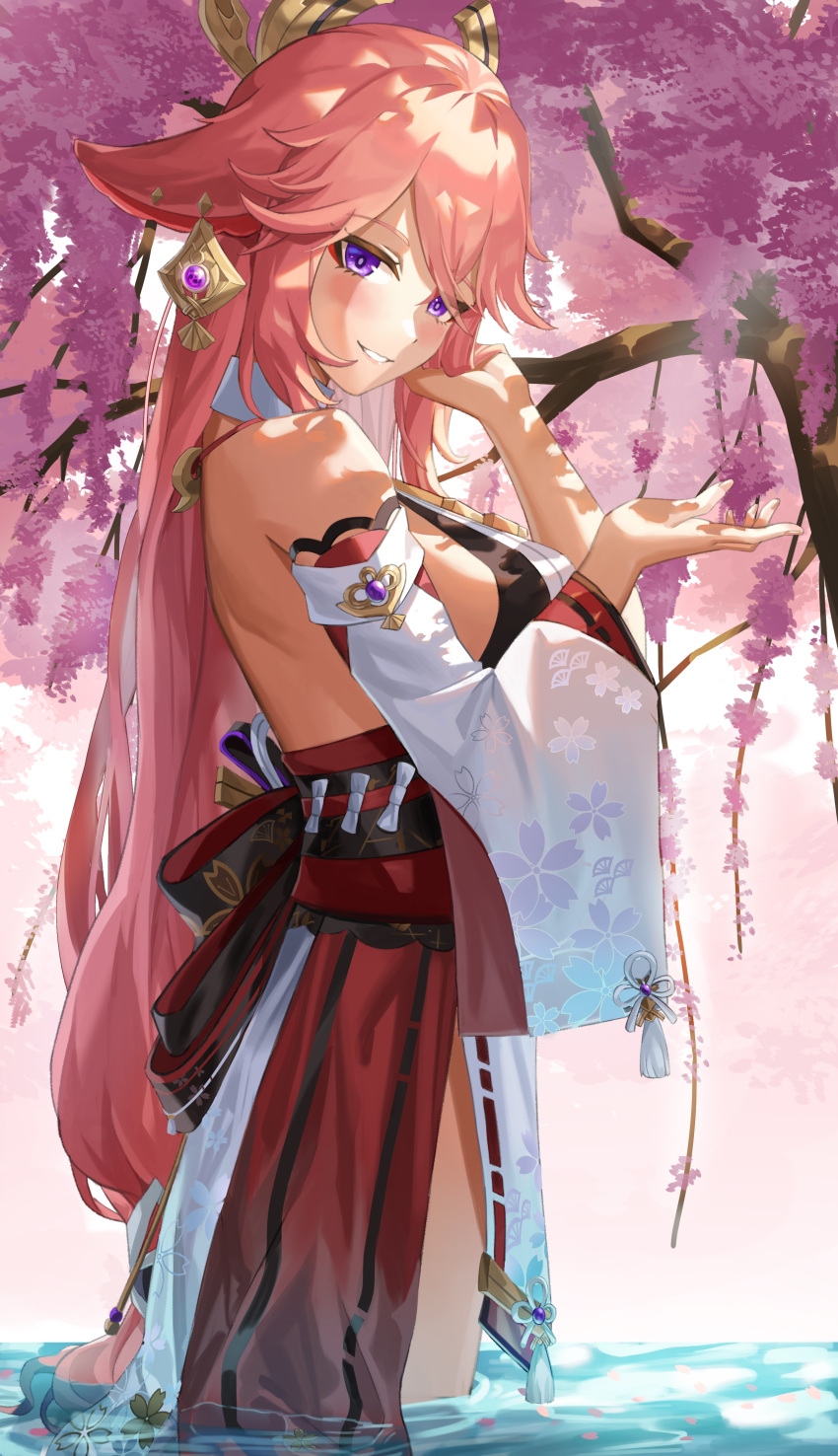 1girl absurdres animal_ears breasts detached_sleeves earrings fox_ears genshin_impact hair_ornament hand_in_own_hair hands_up highres japanese_clothes jewelry large_breasts long_hair looking_at_viewer low-tied_long_hair miko outdoors parted_lips partially_submerged pink_hair shirt skl sleeveless sleeveless_shirt smile solo tree violet_eyes vision_(genshin_impact) water white_shirt yae_miko