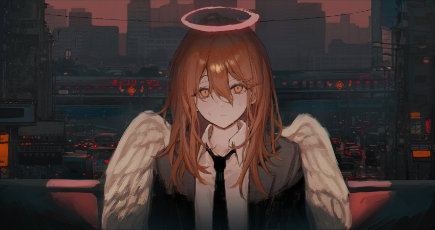1boy absurdres angel_devil_(chainsaw_man) angel_wings bangs black_jacket black_necktie black_suit brown_eyes brown_hair building car chainsaw_man city closed_mouth collared_shirt copyright_name es-ther eyebrows_behind_hair feathered_wings formal ground_vehicle hair_between_eyes halo highres jacket long_hair looking_at_viewer male_focus motor_vehicle necktie open_clothes open_jacket outdoors overcast shirt solo suit sunset sweat upper_body white_shirt wings