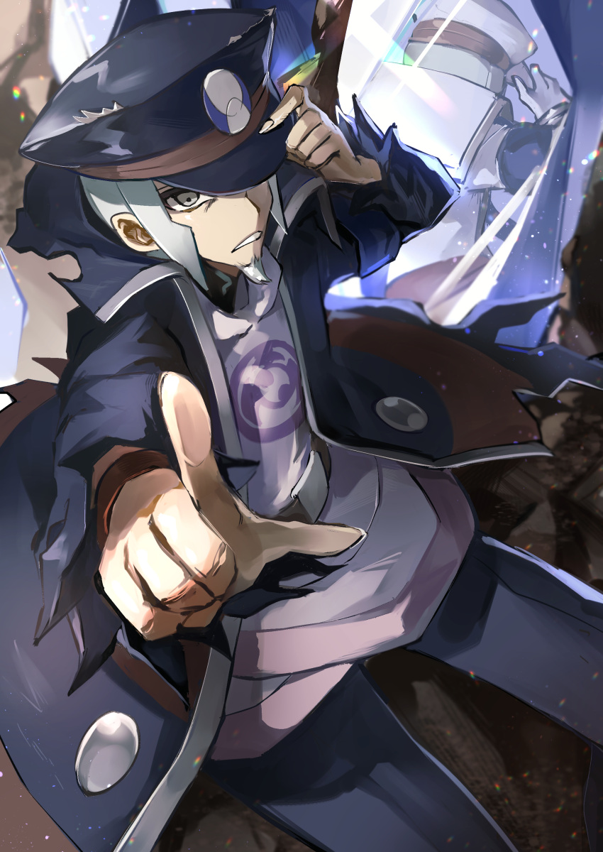 1boy absurdres black_coat black_headwear coat commentary_request emmet_(pokemon) facial_hair grey_eyes grey_hair hat high_collar highres ingo_(pokemon) kansya long_sideburns long_sleeves male_focus parted_lips peaked_cap pearl_clan_outfit pointing pokemon pokemon_(game) pokemon_bw pokemon_legends:_arceus short_hair sideburns trench_coat