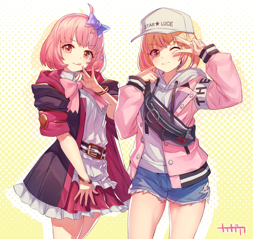 2girls :q ;) absurdres arpeggio_kaga artist_name bangs baseball_cap belt black_belt black_coat blonde_hair blouse blue_bow bow bowtie bracelet brown_eyes chieru_(princess_connect!) chieru_(real)_(princess_connect!) closed_mouth clothes_writing coat collared_blouse commentary cowboy_shot cutoffs denim denim_shorts drawstring dual_persona english_text eyebrows_visible_through_hair fanny_pack frilled_skirt frills hair_bow hair_ornament hat highres hood hood_down hooded_coat hoodie jacket jewelry long_sleeves looking_at_viewer mikuru_beam miniskirt multiple_girls one_eye_closed open_clothes open_jacket pink_bow pink_bowtie pink_hair pink_jacket pleated_skirt princess_connect! red_skirt short_hair short_shorts short_sleeves shorts side-by-side signature skirt smile standing star-shaped_pupils star_(symbol) star_hair_ornament symbol-shaped_pupils tongue tongue_out torn_clothes torn_shorts v waving white_blouse white_headwear white_hoodie wing_collar yellow_background