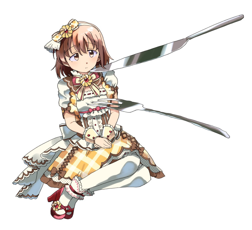back_bow bangs bow bowtie breasts brown_eyes brown_hair checkered_clothes checkered_dress commentary_request dress expressionless eyebrows_visible_through_hair fork frills hachi_(8bit_canvas) hair_bow hair_ornament hairband highres idolmaster idolmaster_cinderella_girls kita_hinako kneehighs knife looking_at_another medium_breasts own_hands_together puffy_short_sleeves puffy_sleeves red_footwear shoes short_hair short_sleeves sitting solo white_background white_legwear wrist_cuffs