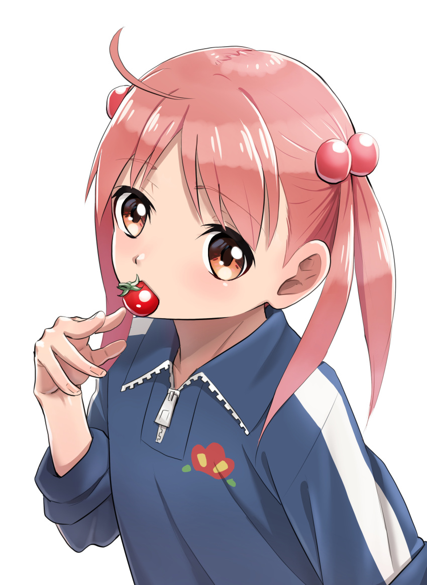 1girl absurdres blue_shirt brown_eyes eating hair_bobbles hair_ornament hasegawa_(hase_popopo) highres isshiki_momo looking_at_viewer pink_hair shirt short_hair solo tomato twintails upper_body vividred_operation zipper zipper_pull_tab