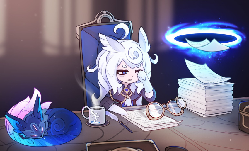1girl ahoge alexis_pflaum animal animal_ears bags_under_eyes blue_eyes coffee coffee_mug cup english_commentary eyewear_removed gloves messy_hair mug paper paper_stack portal_(object) portal_(series) quill rubbing_eyes sitting tired white_gloves white_hair