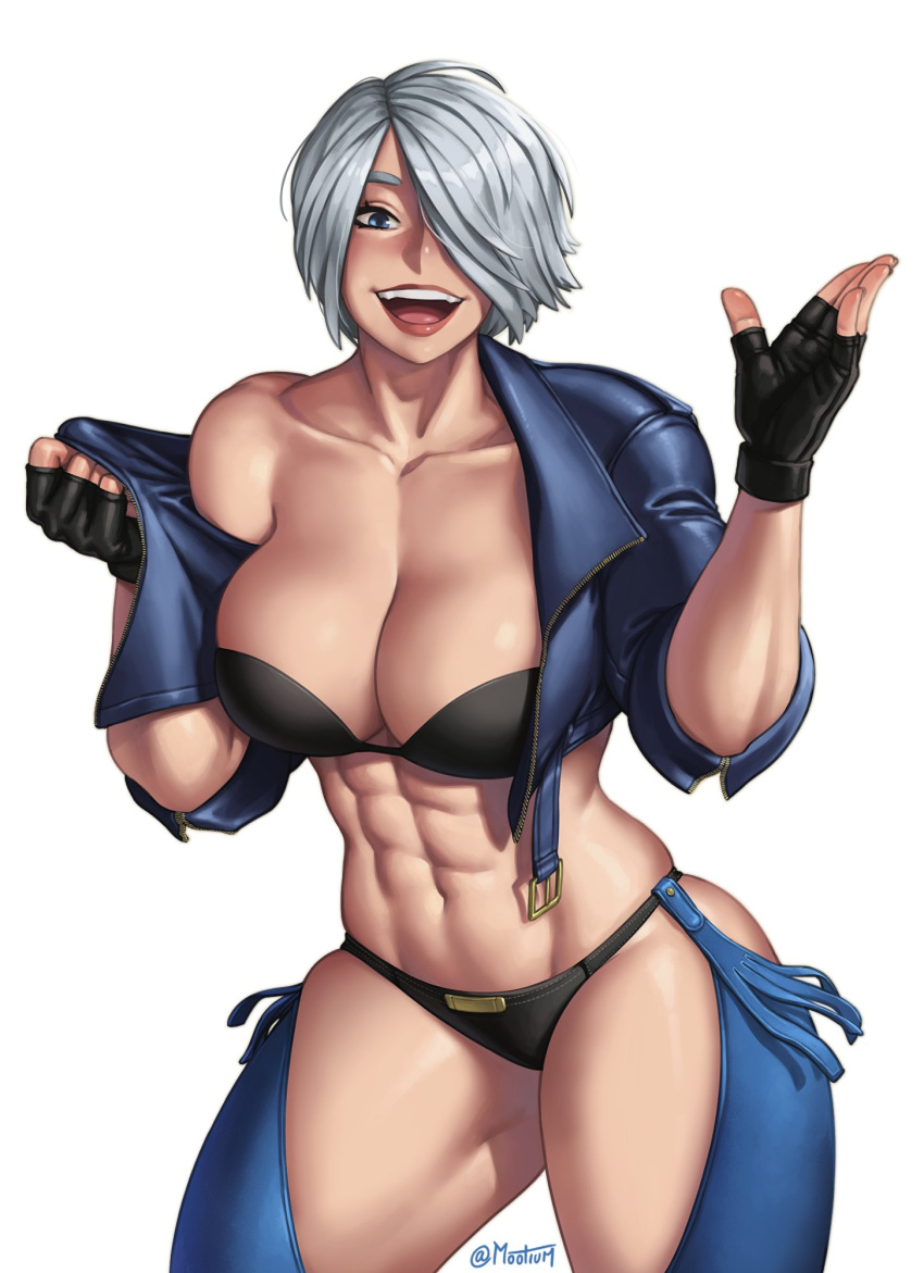 1girl abs angel_(kof) bikini blue_eyes hair_over_one_eye highres jacket_pull mootium muscular muscular_female smile swimsuit the_king_of_fighters the_king_of_fighters_xv underwear white_hair