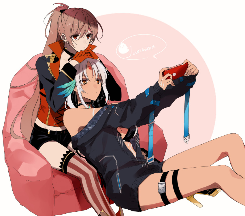 2girls amazuki_jou armchair azur_lane bangs bikini bikini_top_only black_choker black_jacket black_shorts brown_hair cellphone chair choker closed_mouth commentary dark-skinned_female dark_skin eyebrows_visible_through_hair facial_mark feather_hair_ornament feathers forehead_mark frown gloves hair_ornament hands_on_another's_head highres holding holding_phone instagram jacket jean_bart_(azur_lane) leaning_back long_hair long_sleeves massachusetts_(azur_lane) multiple_girls off_shoulder on_chair on_floor on_person open_clothes open_jacket phone ponytail red_eyes red_gloves red_jacket red_legwear short_shorts shorts single_thighhigh sitting smartphone smile swimsuit thigh-highs thigh_strap white_hair yuri