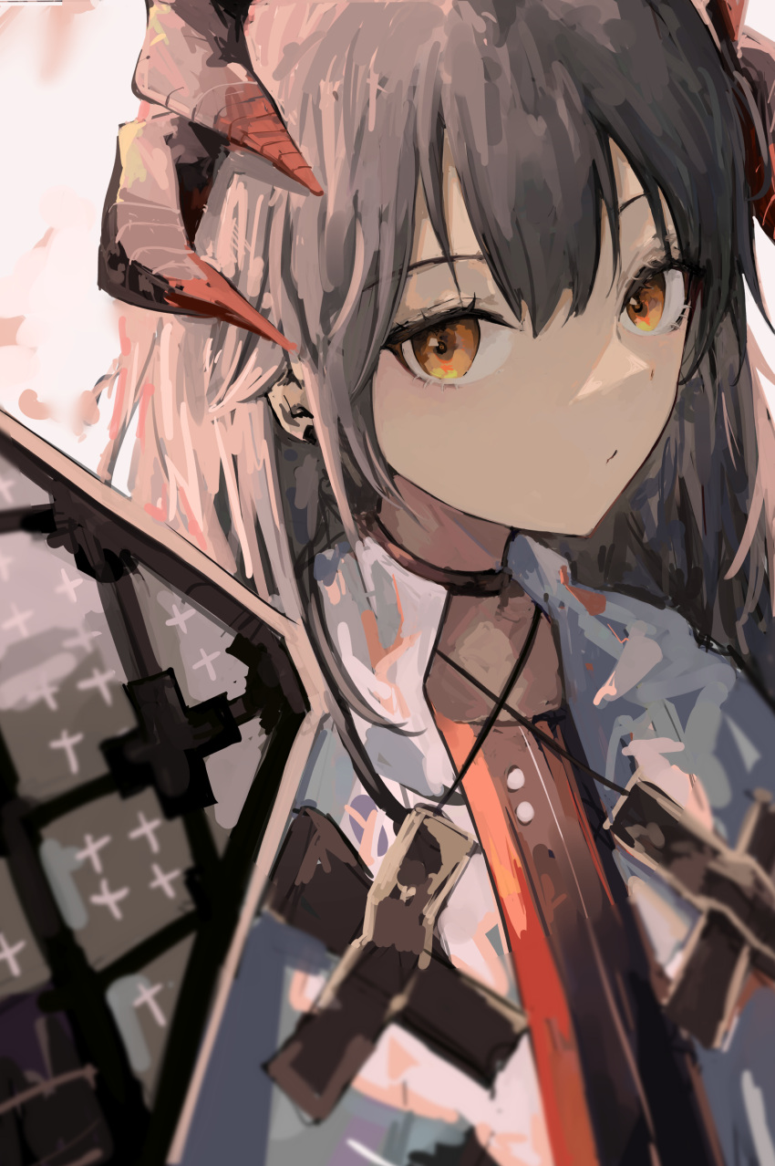 1girl arknights black_coat close-up coat dragon_horns earclip grey_hair hair_between_eyes highres holding holding_shield horns lch long_hair looking_at_viewer saria_(arknights) shield simple_background two-tone_coat upper_body white_background white_coat yellow_eyes