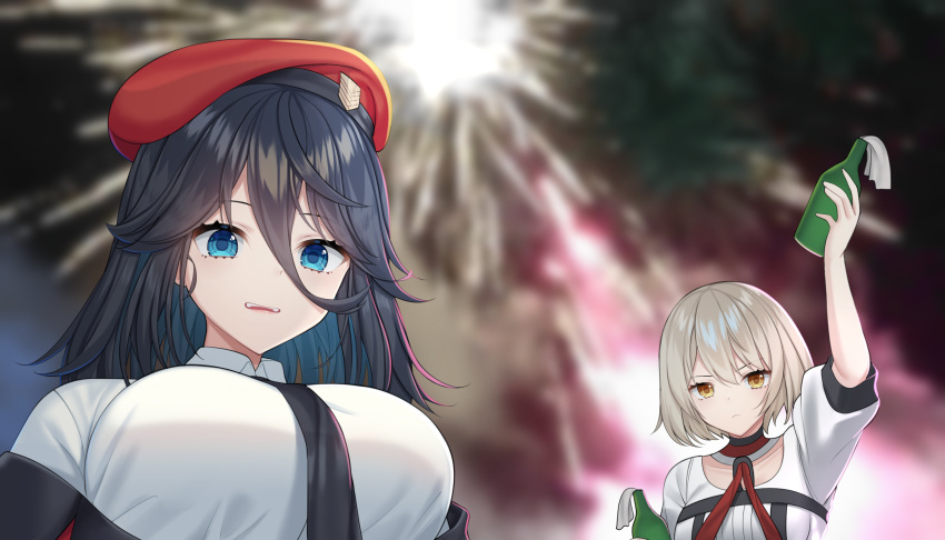 2girls bangs beret black_hair black_necktie blue_eyes blurry blurry_background breasts closed_mouth commander_(girls'_frontline) english_commentary expressionless female_commander_(girls'_frontline) fireworks girls_frontline hair_between_eyes hat highres holding holding_weapon large_breasts long_hair looking_at_viewer molotov_cocktail multiple_girls necktie open_mouth orange_eyes red_headwear rynzfrancis shirt short_hair silver_hair smile teeth upper_body upper_teeth vector_(girls'_frontline) weapon white_shirt