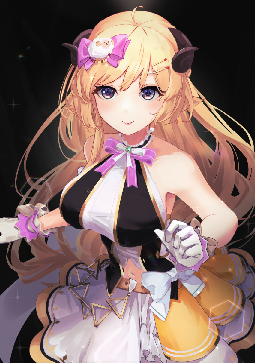 1girl absurdres animal_ears bangs bare_arms black_background blonde_hair blush bow bowtie breasts closed_mouth gloves hair_bow hair_ornament hairclip highres hololive horns large_breasts long_hair mochiyuki_(gigfor1) navel pink_bow pink_bowtie sheep_ears sheep_hair_ornament sheep_horns shirt skirt sleeveless sleeveless_shirt smile solo tsunomaki_watame very_long_hair violet_eyes virtual_youtuber white_gloves white_skirt