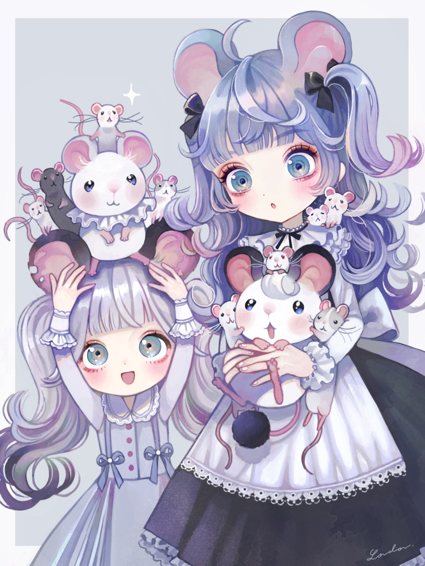 2girls animal_ears blue_eyes dress extra_ears feet_out_of_frame highres kemonomimi_mode lalala222 long_hair mouse mouse_ears mouse_girl mouse_tail multiple_girls orange_hair original rat simple_background symbol-only_commentary tail too_many too_many_mice whiskers