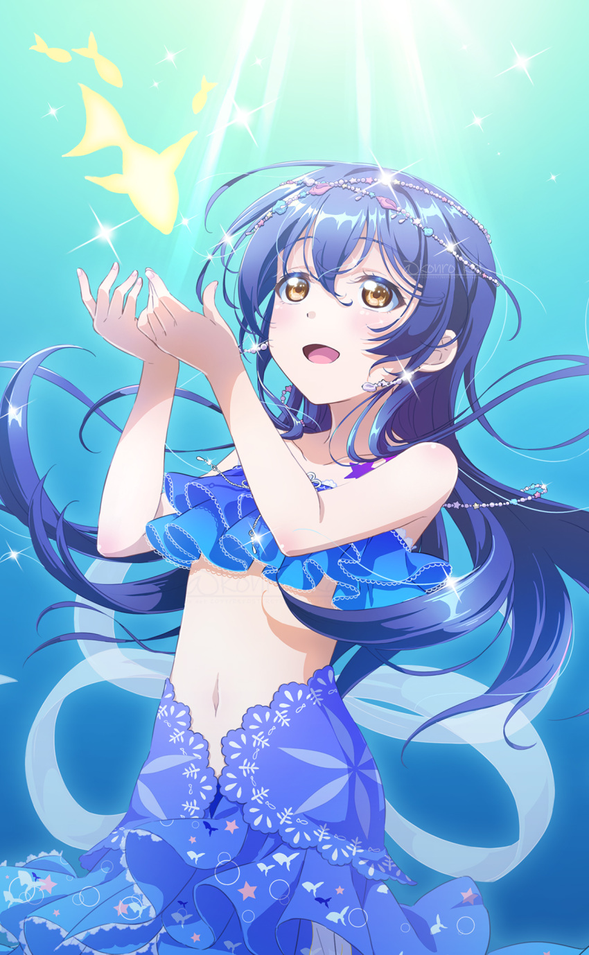 1girl bangs blue_background blue_hair blue_skirt brown_eyes eyebrows_visible_through_hair fish hair_ornament highres konro_kai long_hair love_live! love_live!_school_idol_project mermaid monster_girl open_mouth skirt smile solo sonoda_umi strapless tattoo tube_top