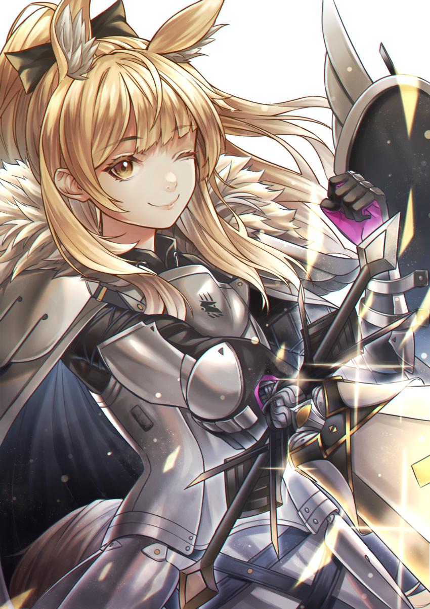 1girl ;) absurdres arknights armor armored_dress black_bow black_gloves blemishine_(arknights) blonde_hair bow breastplate brown_eyes cape closed_mouth faulds floating_hair fur_cape gloves hair_bow highres holding holding_sword holding_weapon noro_assumed one_eye_closed ponytail purple_gloves shield smile solo standing sword two-tone_gloves weapon white_background