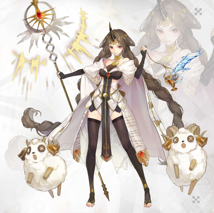 1girl absurdres bangs bell black_horns black_legwear braid breasts bridal_gauntlets bridal_legwear brown_hair chinese_commentary cloak closed_mouth commentary_request dress earrings eve_(masterwork_apocalypse) full_body gem grail hand_up hexagram highres holding holding_staff horns jewelry lamb looking_at_viewer looking_away low_twin_braids masterwork_apocalypse medium_breasts messikid mole mole_under_eye official_art parted_bangs red_eyes sheep single_horn solo staff star_of_david twin_braids water white_cloak white_dress zoom_layer