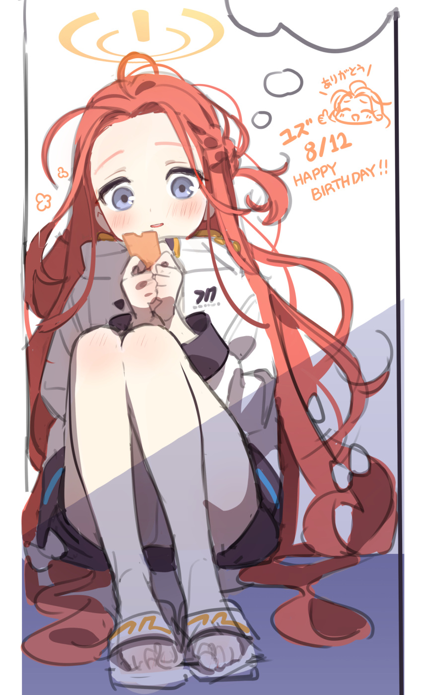 1girl birthday blue_archive blue_eyes blush bow coat dated full_body hair_bow halo happy_birthday highres holding long_hair long_sleeves messy_hair parted_lips redhead sandals simple_background sitting sketch solo thumbs_up ticket very_long_hair white_bow white_coat ytmkz yuzu_(blue_archive)