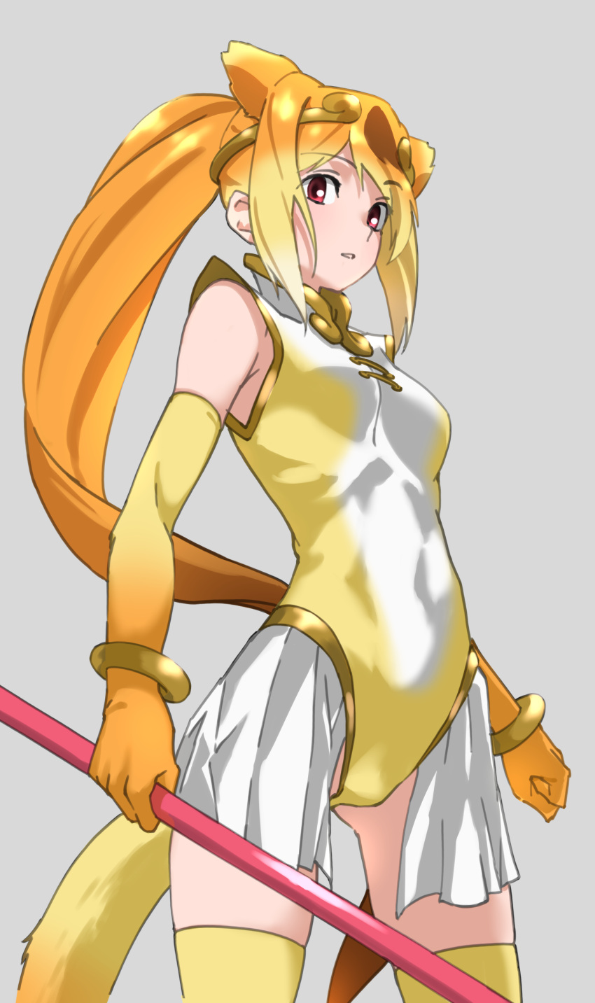 1girl absurdres animal_ears bare_shoulders breasts circlet commentary cowboy_shot elbow_gloves extra_ears eyebrows_visible_through_hair gloves golden_snub-nosed_monkey_(kemono_friends) grey_background highres holding holding_staff kemono_friends leotard long_hair looking_at_viewer monkey_ears monkey_girl monkey_tail orange_hair ponytail red_eyes showgirl_skirt simple_background skirt small_breasts solo staff tail tanabe_(fueisei) thigh-highs very_long_hair white_skirt yellow_legwear