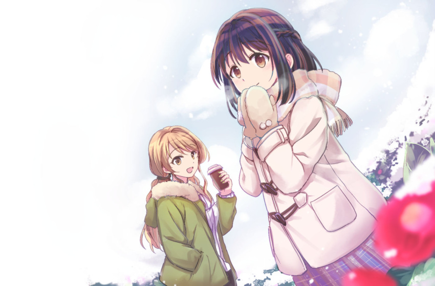 2girls bangs blonde_hair blurry blurry_foreground braid brown_coat brown_eyes brown_hair bush closed_mouth clouds cloudy_sky coat cup disposable_cup duffel_coat dutch_angle eyebrows_visible_through_hair fur-trimmed_jacket fur_trim green_jacket green_nails hand_in_pocket haruna_hisui holding holding_cup hood hooded_jacket jacket kanchuumimai long_hair long_sleeves mittens multiple_girls open_clothes open_jacket open_mouth original outdoors own_hands_together plaid plaid_scarf plaid_skirt pleated_skirt ponytail scarf skirt sky smile snow snowing swept_bangs upper_body winter