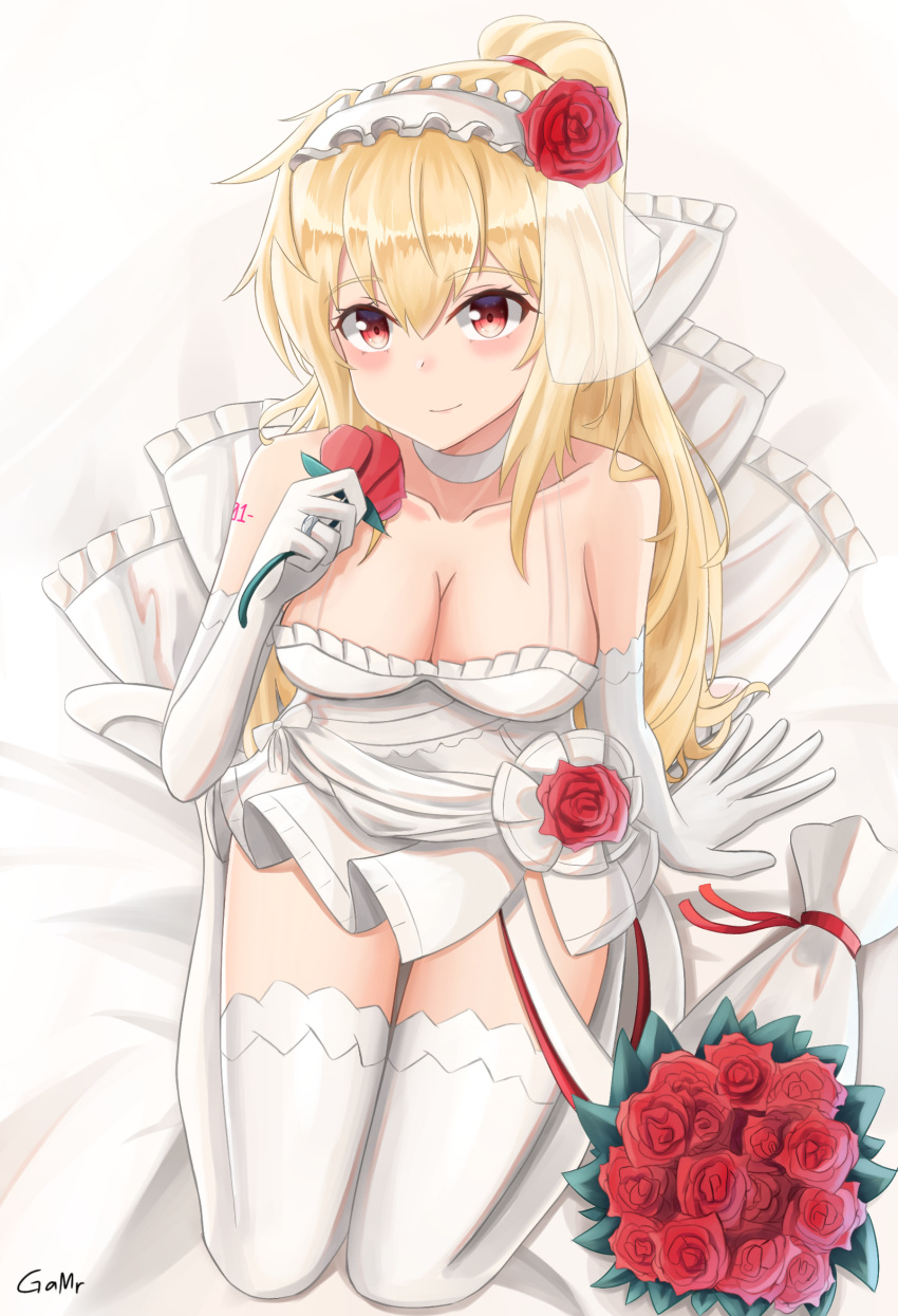 1girl bare_shoulders bed blonde_hair blush bouquet bridal_veil choker dress elbow_gloves eyebrows_visible_through_hair flower gamryous girls_frontline gloves hairband highres holding jewelry long_hair looking_at_viewer official_alternate_costume petals ponytail red_eyes ring rose_petals smile solo sv-98_(girls'_frontline) sv-98_(pierce_your_heart!)_(girls'_frontline) thigh-highs veil wedding_dress white_gloves