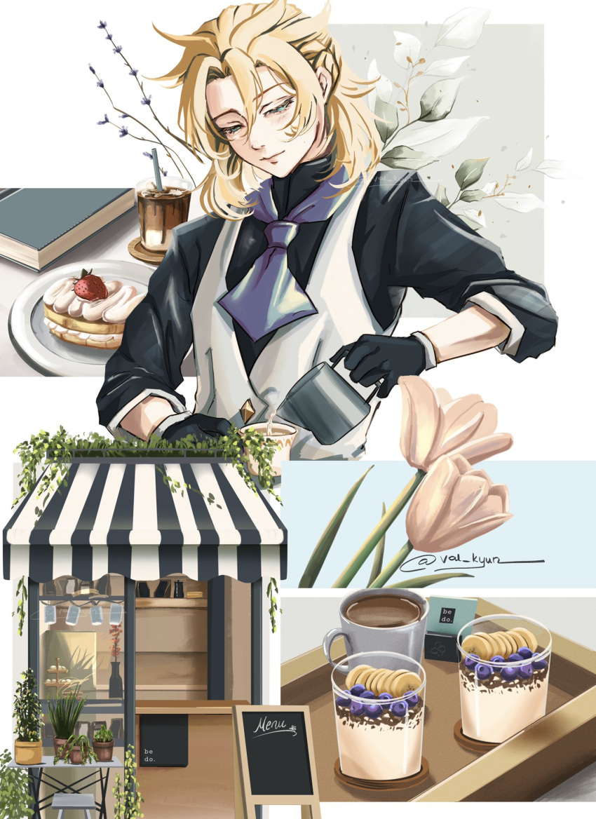 1boy albedo_(genshin_impact) bangs black_gloves blonde_hair coffee commentary english_commentary flower food genshin_impact gloves hair_between_eyes highres holding male_focus pastry simple_background straight-on symbol-only_commentary val_kyun