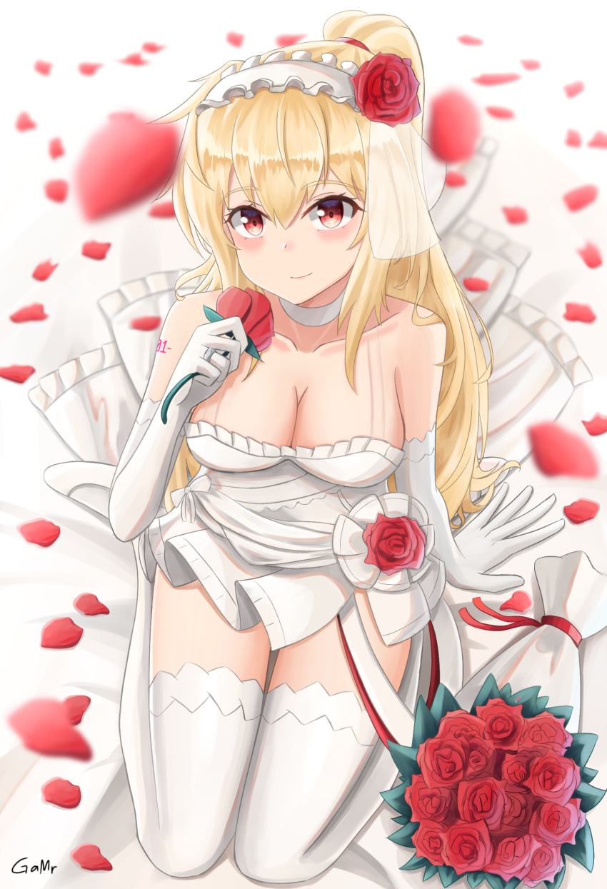 1girl bare_shoulders bed blonde_hair blush bouquet bridal_veil choker dress elbow_gloves eyebrows_visible_through_hair flower gamryous girls_frontline gloves hairband highres holding jewelry long_hair looking_at_viewer official_alternate_costume petals ponytail red_eyes ring rose_petals smile solo sv-98_(girls'_frontline) sv-98_(pierce_your_heart!)_(girls'_frontline) thigh-highs veil wedding_dress white_gloves