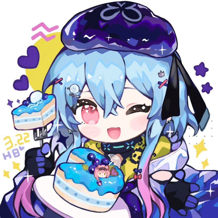 1boy ;d arknights bangs beret black_gloves blue_hair blue_headwear blue_jacket cake cake_slice commentary_request dated eyebrows_behind_hair food fork gloves goldenglow_(arknights) hair_between_eyes hair_ornament hairclip hands_up happy_birthday hat heart highres holding holding_fork jacket looking_at_viewer male_focus mizuki_(arknights) multicolored_hair neko_to_tsuki one_eye_closed pink_eyes pink_hair smile solo sparkle star_(symbol) streaked_hair white_background