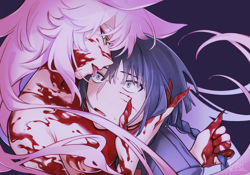 1boy 1girl animal_ears bangs bare_shoulders black_hair blood blood_on_arm blood_on_breasts blood_on_face blood_on_hands blush braid breasts clothed_male_nude_female commentary_request eyebrows_visible_through_hair eyelashes fate/grand_order fate_(series) fingernails fox_ears fox_girl hair_between_eyes hand_on_another's_face hetero highres holding holding_hair kandis_milk koyanskaya_(fate) large_breasts licking long_hair looking_at_another nervous nude open_mouth pink_hair purple_background scratches sharp_fingernails sidelocks signature sweat tai_gong_wang_(fate) tamamo_(fate) tongue tongue_out upper_body very_long_hair violet_eyes yellow_eyes