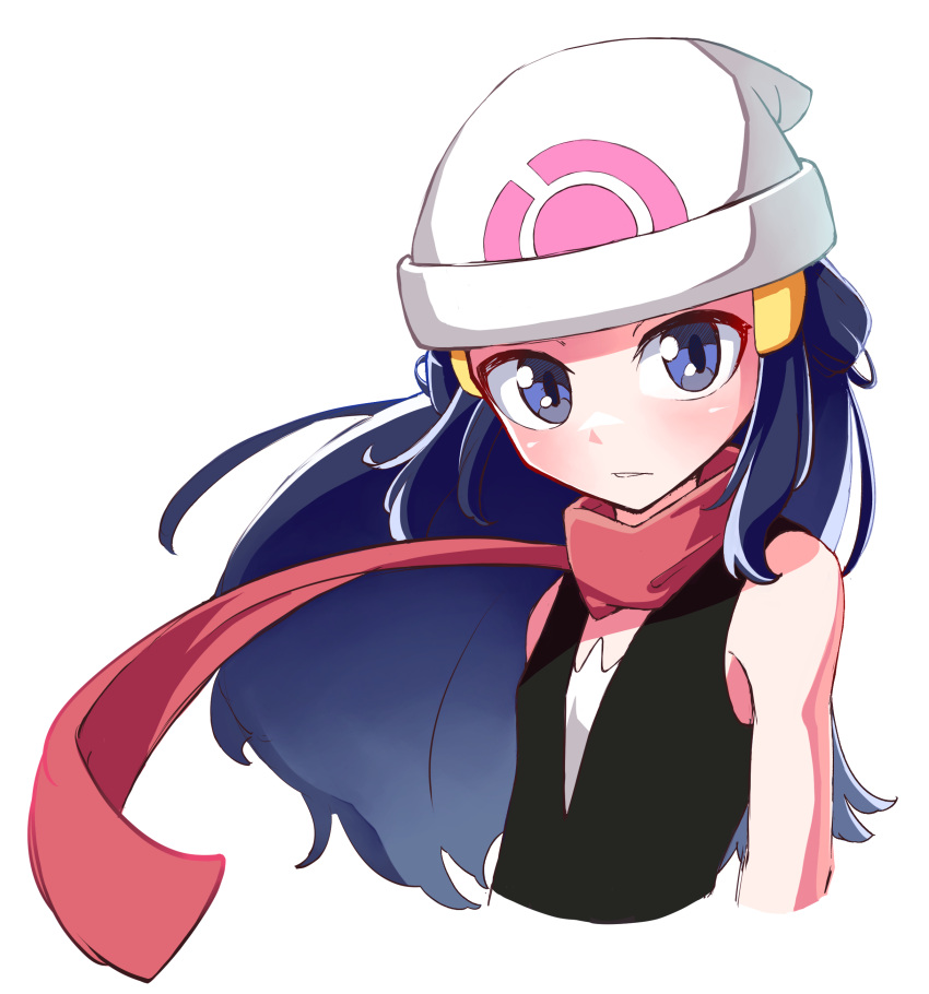 1girl absurdres bare_shoulders beanie blue_eyes blue_hair blush cropped_torso flat_chest hair_ornament hat highres hikari_(pokemon) long_hair looking_at_viewer oyatu_potage parted_lips pokemon red_scarf scarf shirt sleeveless solo upper_body white_background white_headwear