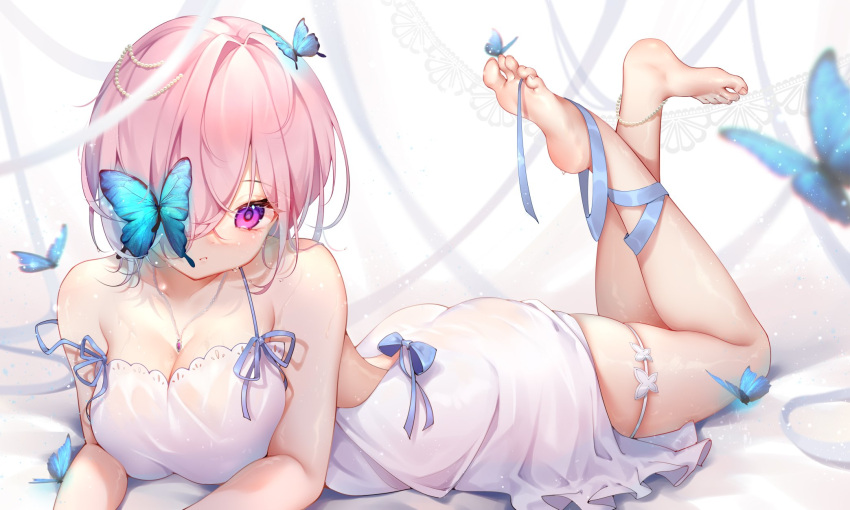 1girl anklet bangs bare_arms bare_legs bare_shoulders barefoot blue_butterfly blue_ribbon breasts bug butterfly dress fate/grand_order fate_(series) feet full_body hair_over_one_eye highres jewelry large_breasts leg_ribbon looking_at_viewer lying mash_kyrielight moriyama_meiko on_bed on_stomach parted_lips pink_hair ribbon short_hair sleeveless sleeveless_dress soles solo strap_slip the_pose thigh_strap toes violet_eyes white_dress