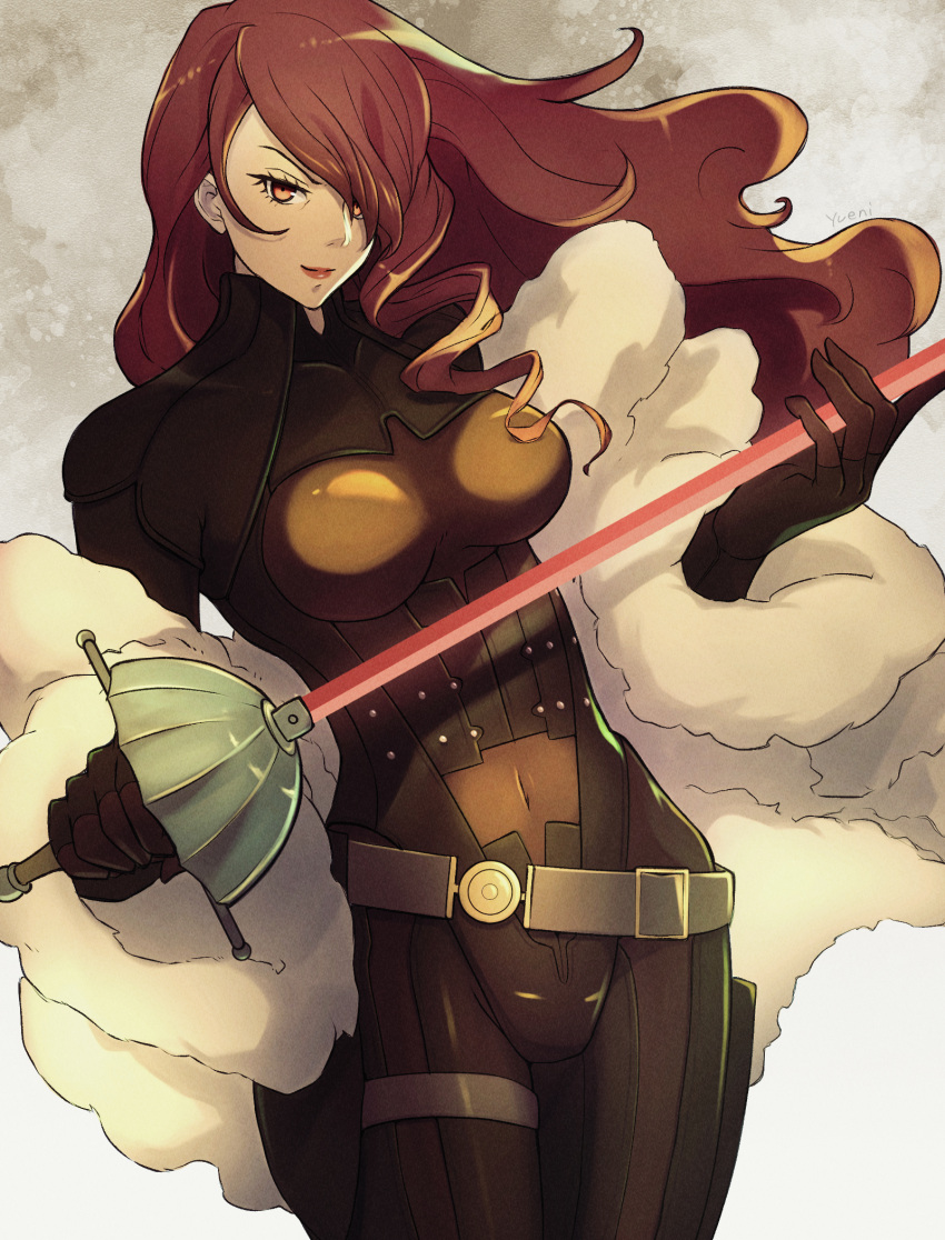 1girl artist_name bangs bodysuit breasts covered_navel drill_hair floating_hair fur_coat hair_over_one_eye highres holding holding_weapon kirijou_mitsuru large_breasts lips long_hair looking_at_viewer persona persona_3 persona_4:_the_ultimate_in_mayonaka_arena rapier red_eyes redhead smile solo sparkle sword weapon yuenibushi