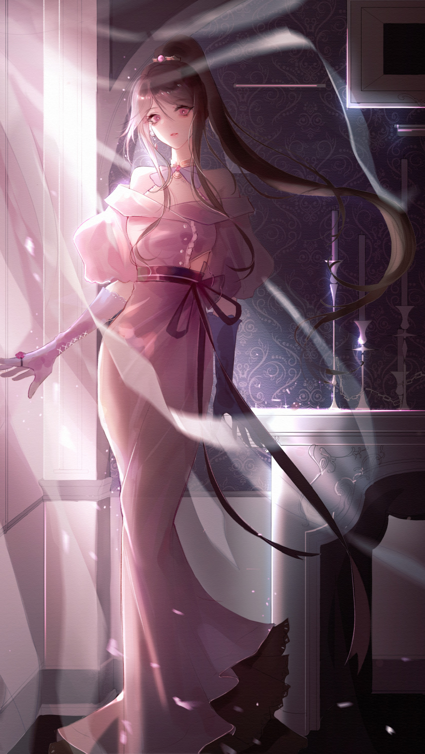 1girl absurdres bare_shoulders curtains dress expressionless gloves highres hua_jianghu_zhi_bei_mo_ting indoors light_rays looking_at_viewer non-web_source painting pink_dress ponytail si_kongqi_(hua_jianghu_zhi_bei_mo_ting)