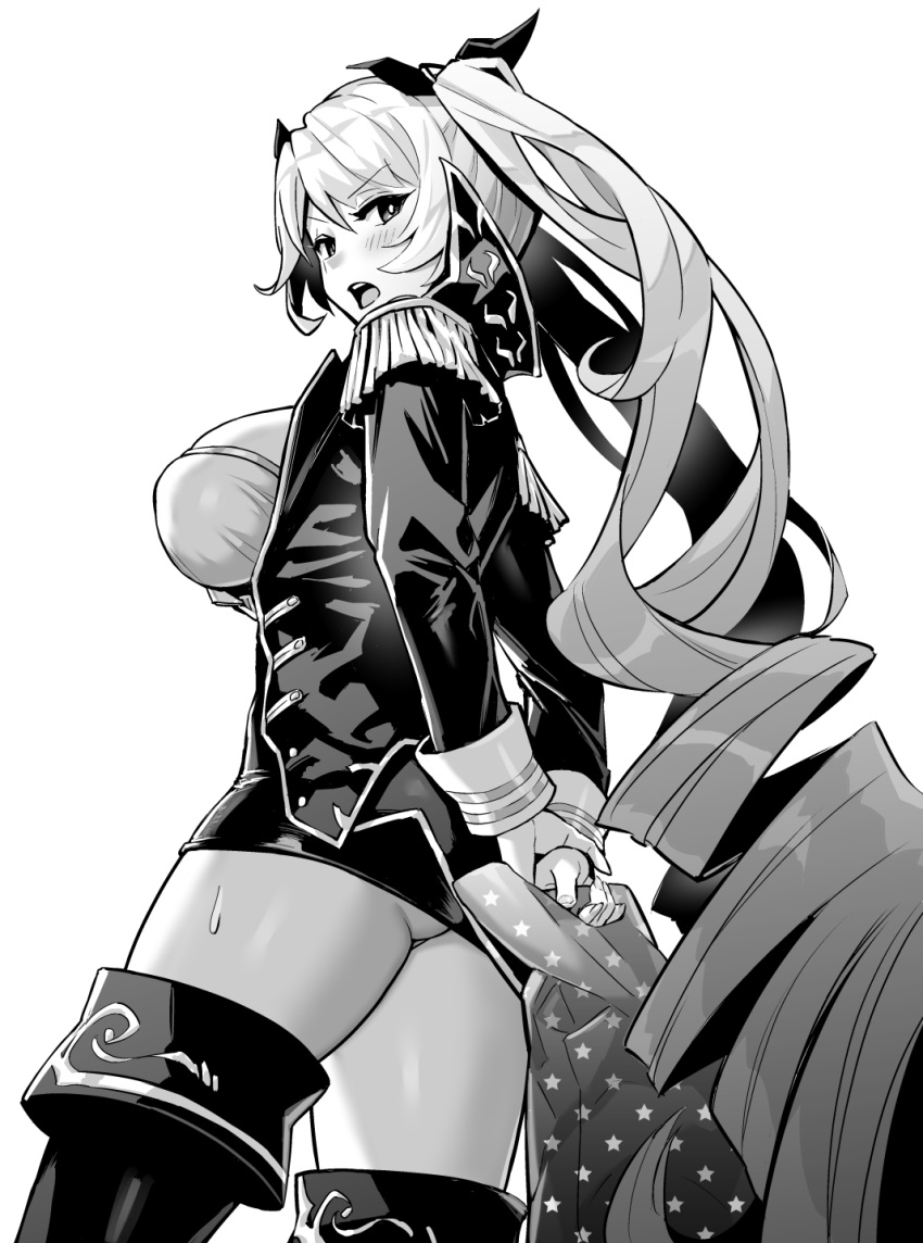 1girl azur_lane azur_lane:_slow_ahead bag behind_back blush breasts dress drill_hair epaulettes greyscale highres holding holding_bag hori_(hori_no_su) jacket large_breasts long_hair long_sleeves looking_away monochrome nelson_(azur_lane) official_art open_clothes open_jacket sweat tight tight_dress twintails white_background