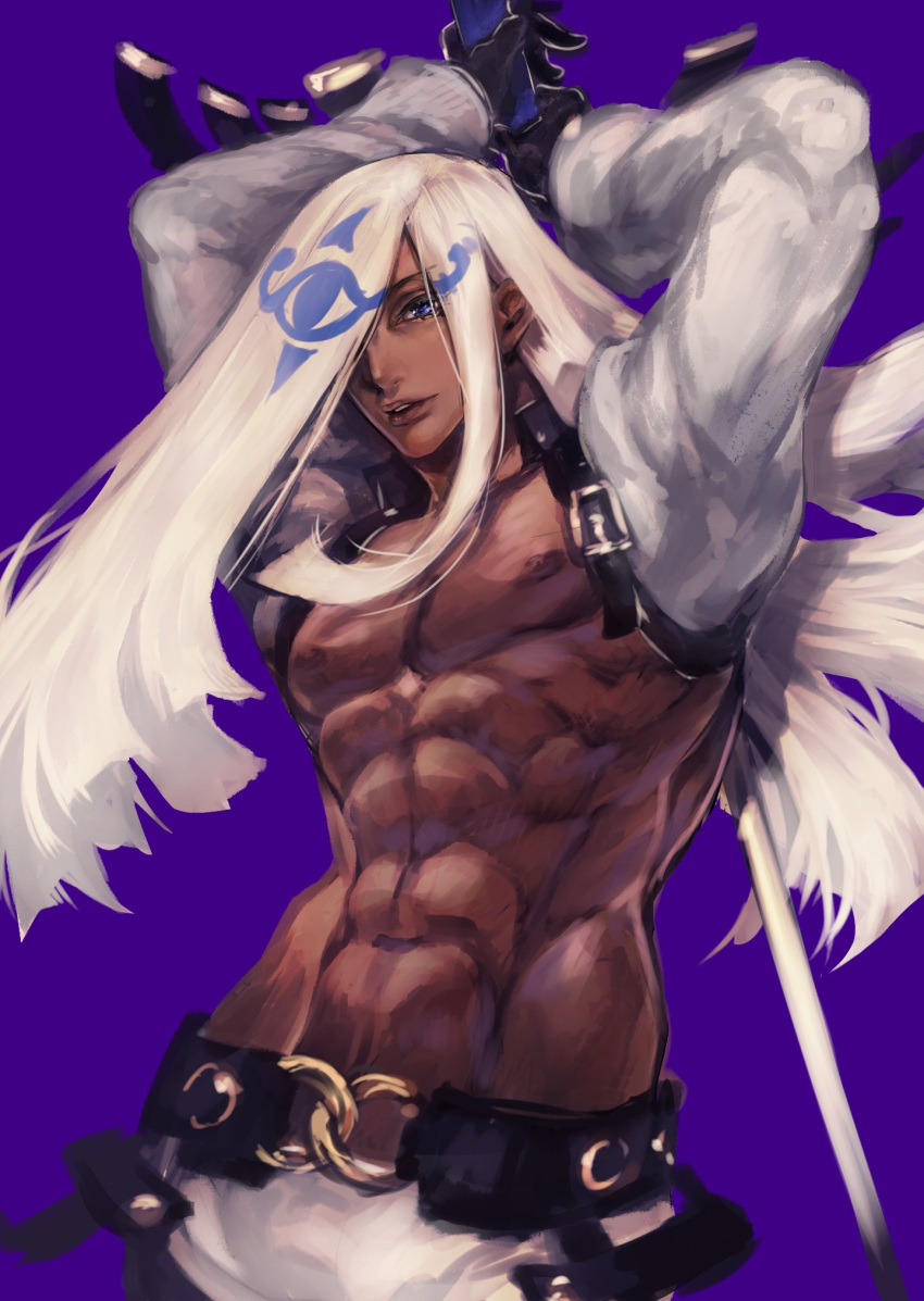 1boy abs arms_behind_back arms_up bare_pectorals belt black_gloves blue_eyes commentary_request cue_stick dark-skinned_male dark_skin gloves gradient gradient_background guilty_gear hair_over_one_eye highres kin_mokusei long_sleeves male_focus navel nipples pectorals purple_background shrug_(clothing) simple_background standing venom_(guilty_gear) white_hair