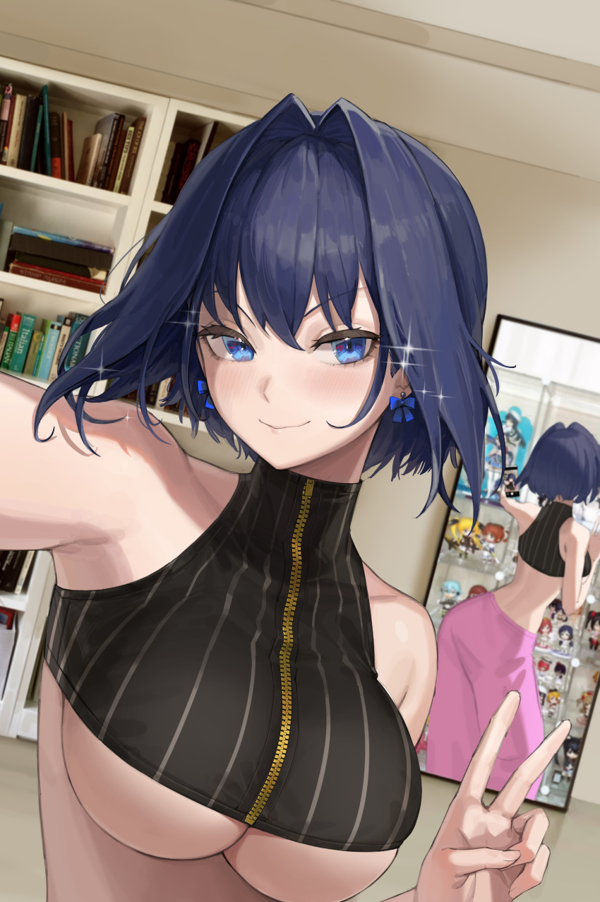 1girl absurdres bangs bare_shoulders blue_eyes blue_hair book bookshelf breasts cellphone closed_mouth crop_top earrings eyebrows_visible_through_hair fate_testarossa figure hair_between_eyes highres holding holding_phone hololive hololive_english indoors jewelry k-on! large_breasts light_blush light_smile looking_at_viewer love_live! lyrical_nanoha maenoo mahou_shoujo_lyrical_nanoha mirror nakano_azusa nishikino_maki ouro_kronii outstretched_arm pants phone photo_background pink_pants reflection selfie sinon skindentation smartphone sparkle sword_art_online takamachi_nanoha toujou_nozomi under_boob upper_body v v-shaped_eyebrows virtual_youtuber yazawa_nico zipper zipper_pull_tab