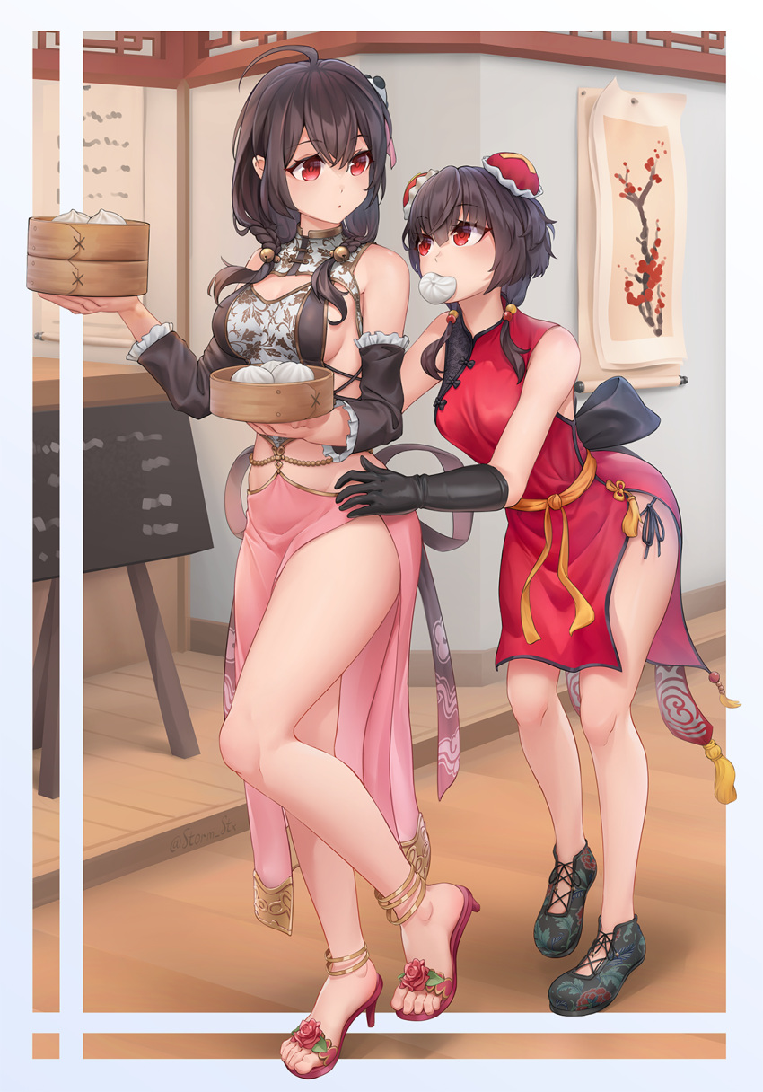 2girls ahoge alternate_costume anklet bangs baozi bare_legs bare_shoulders black_footwear black_gloves black_hair breasts bun_cover china_dress chinese_clothes commentary double_bun dress eyebrows_visible_through_hair food food_in_mouth full_body gloves hair_between_eyes high_heels highres indoors jewelry kono_subarashii_sekai_ni_shukufuku_wo! large_breasts long_hair long_sleeves looking_at_another medium_breasts megumin midriff mouth_hold multiple_girls pink_skirt red_dress red_eyes red_footwear shadow shoes side_slit skirt sleeveless sleeveless_dress standing stormstx thighs yunyun_(konosuba)