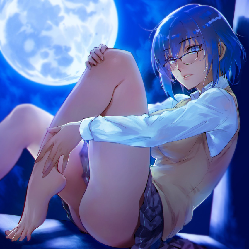 1girl arms_behind_back ass bangs barefoot black-framed_eyewear black_jacket blue_eyes blue_hair blush breasts ciel_(tsukihime) closed_mouth clouds cloudy_sky collared_shirt eyebrows_visible_through_hair feet fetal_position full_body glasses grey_skirt hair_between_eyes highres jacket kin_mokusei long_sleeves looking_at_viewer miniskirt moon night night_sky parted_lips pleated_skirt school_uniform shadow shirt short_hair skirt sky smile solo teeth thighs tsukihime tsukihime_(remake) uniform vest white_shirt yellow_vest