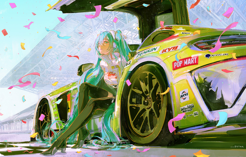 1girl aqua_eyes aqua_hair bangs black_bodysuit black_footwear black_gloves black_legwear bodysuit car checkered_floor clothes_writing confetti crop_top crop_top_overhang day flame_print from_outside from_side gloves goodsmile_racing ground_vehicle hair_between_eyes hatsune_miku headphones high_heels keiuu long_hair looking_at_viewer motor_vehicle outdoors outstretched_leg racing_miku racing_miku_(2022) single_thighhigh sitting sky solo stadium thigh-highs turtleneck twintails very_long_hair vocaloid