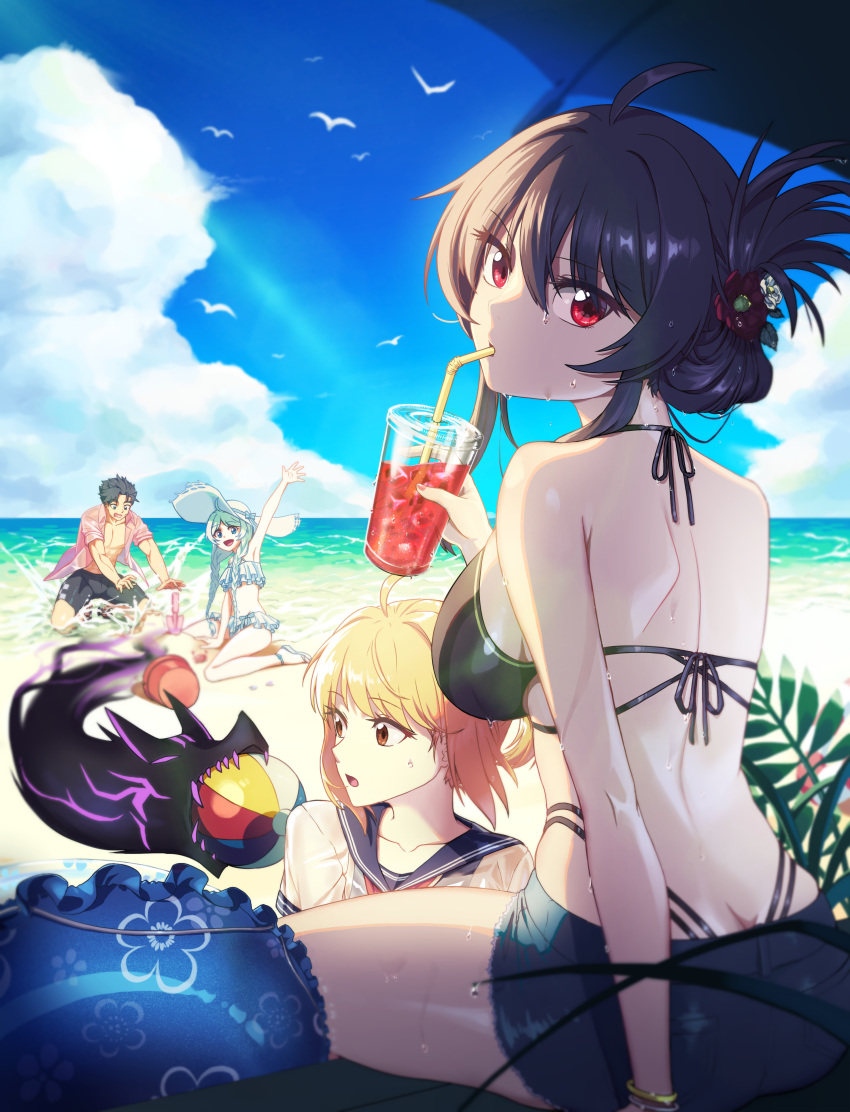 1boy 3girls absurdres back bangs bare_shoulders beach bikini bikini_skirt black_bikini black_hair blonde_hair blue_sailor_collar blue_sky bracelet braid breasts brown_eyes character_request clouds creature cup day disposable_cup drinking_straw_in_mouth eyebrows_visible_through_hair flower from_behind hair_between_eyes hair_flower hair_ornament halter_top halterneck haru_estia hat highres holding holding_cup iris_yuma jewelry jin_seipatsu large_breasts long_hair looking_at_viewer looking_back multiple_girls outdoors panty_straps penguin_say red_eyes red_flower sailor_collar sandals shirt short_hair shovel sitting sky soul_worker sun_hat sweat swimsuit twin_braids very_long_hair wariza wet white_bikini white_shirt