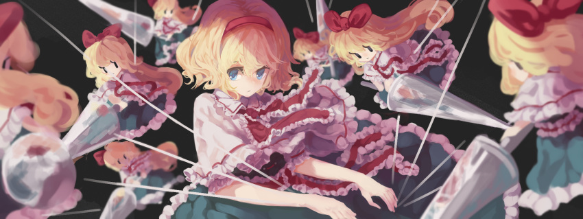 1girl :/ alice_margatroid blonde_hair blue_dress blue_eyes bow capelet closed_mouth commentary doll dress expressionless frilled_dress frilled_ribbon frills grey_background hair_bow hairband highres holding holding_polearm holding_weapon lab2linch lance looking_at_viewer polearm red_bow red_hairband red_ribbon ribbon shanghai_doll short_hair simple_background solo string touhou upper_body weapon white_capelet